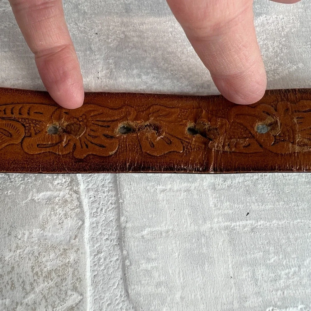 Vtg USA Western Belt 34 Brown Leather Floral Hand Stained Silver Buckle Saddle
